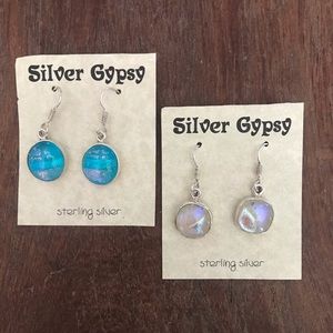 2 pairs Dichroic Glass Earrings. Teals and white iridescent colors.